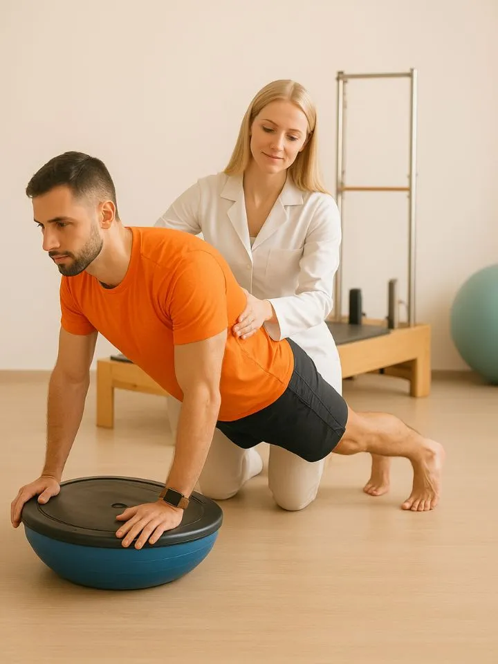 Aluno realizando exercício dinâmico de Cross Pilates com bola sob supervisão de fisioterapeuta no Sarayu Studio em Campo Grande RJ