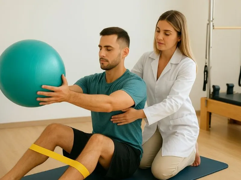 Aula de Pilates Funcional em Campo Grande RJ no Sarayu Studio Aluno realizando exercícios de Pilates com bola sob orientação de fisioterapeuta no Sarayu Studio em Campo Grande RJ.