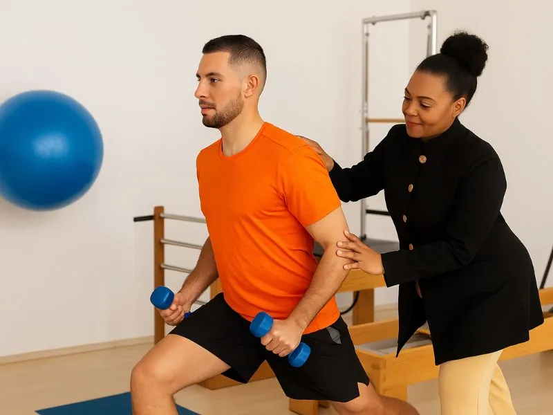 Fisioterapeuta do Sarayu Studio auxilia atleta em exercício funcional de reabilitação e fortalecimento no estúdio de Pilates e Fisioterapia.