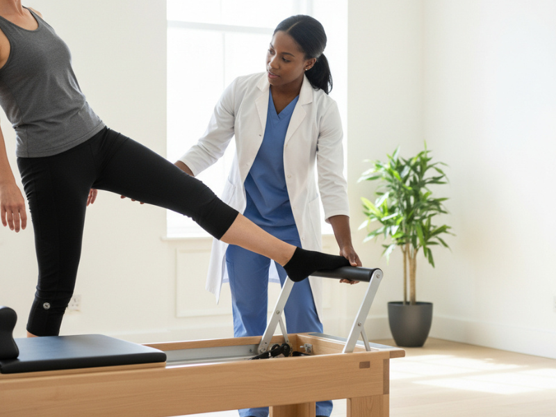 Fisioterapeuta orientando paciente em exercício de Pilates com equipamento reformer em clínica moderna e iluminada.