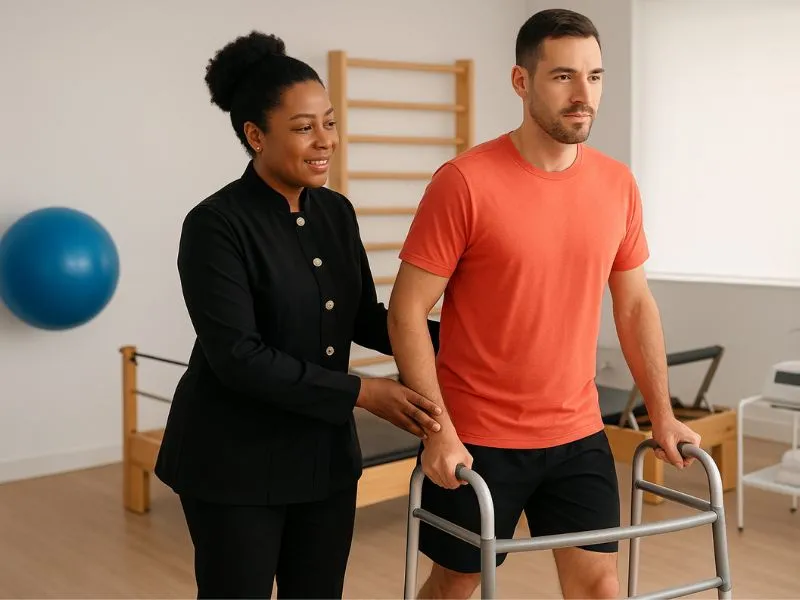 Fisioterapia neurológica. Fisioterapeuta da Sarayu auxilia paciente em treino de marcha com apoio em clínica de Fisioterapia e Pilates, ambiente iluminado e profissional.