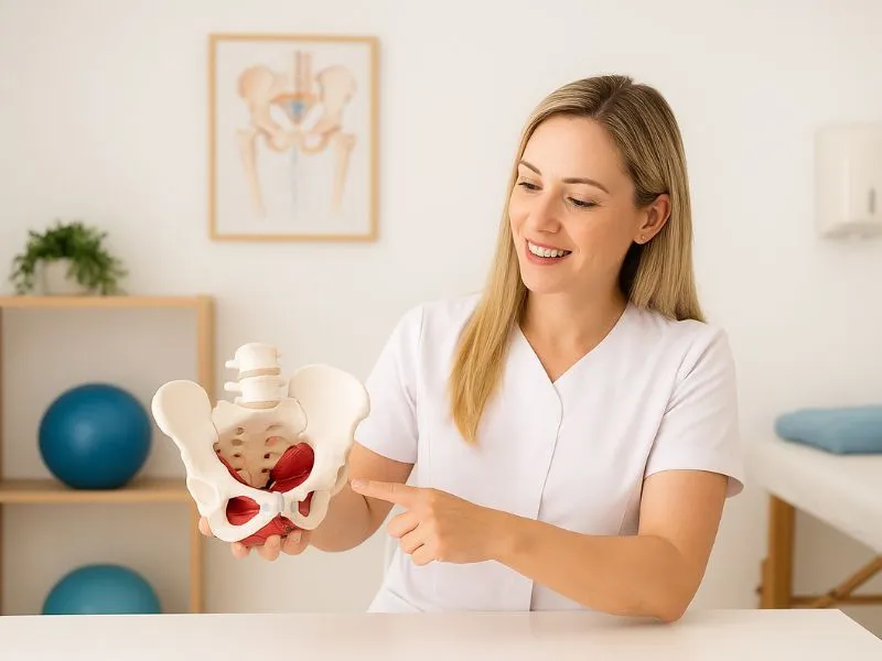 Fisioterapia Pélvica. Fisioterapeuta explica o funcionamento do assoalho pélvico com modelo anatômico em estúdio de fisioterapia e pilates bem iluminado da Sarayu.