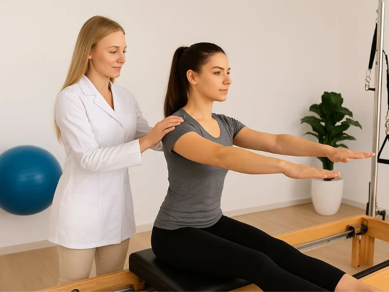 Fisioterapeuta orientando aluna em aula de Pilates no aparelho Reformer no Sarayu Studio em Campo Grande RJ.