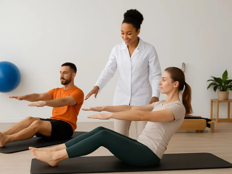 Grupo de alunos praticando Pilates Solo no Sarayu Studio, sob orientação de instrutor, com foco em postura e equilíbrio.