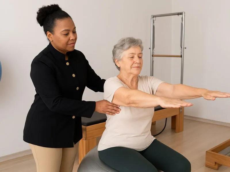Mulher idosa em sessão de Fisioterapia Geriátrica é assistida por fisioterapeuta durante exercício de equilíbrio.