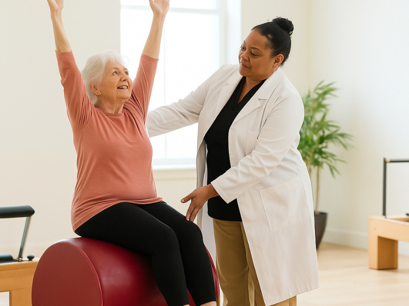 Senhora realizando Pilates para Terceira Idade no estúdio da Sarayu Fisio Pilates em Campo Grande RJ, com acompanhamento da fisioterapeuta Silma.