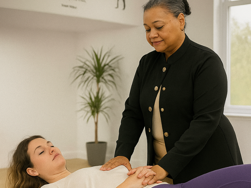 Fisioterapeuta da Sarayu realizando sessão de fisioterapia pélvica em paciente no estúdio de Fisioterapia e Pilates em Campo Grande RJ.